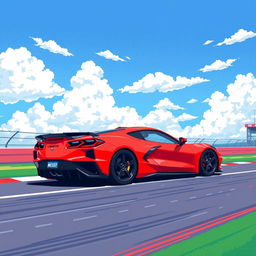 A pixelated illustration of a sleek Corvette C8 sports car, painted in a striking color, racing on a vibrant racetrack