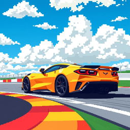 A pixelated illustration of a sleek Corvette C8 sports car, painted in a striking color, racing on a vibrant racetrack