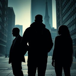 A business thriller scene set in Montreal featuring silhouettes of three figures: one young lawyer with a shaved head, one hipster guy wearing a hoodie with a beard, and a black girl with long braids