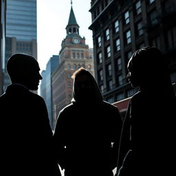 A business thriller scene set in Montreal featuring silhouettes of three figures: one young lawyer with a shaved head, one hipster guy wearing a hoodie with a beard, and a black girl with long braids