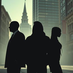 A business thriller scene set in Montreal featuring silhouettes of three figures: one young lawyer with a shaved head, one hipster guy wearing a hoodie with a beard, and a black girl with long braids