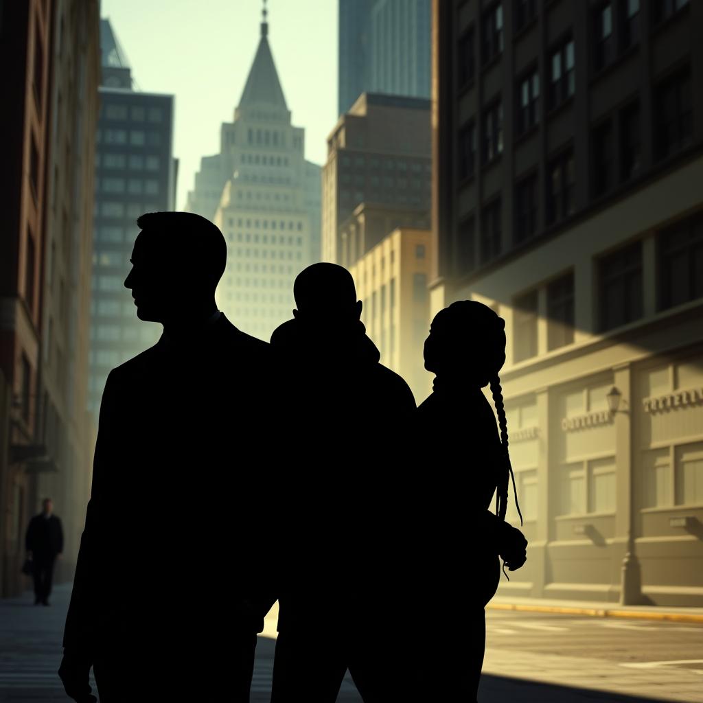 A business thriller scene set in Montreal featuring silhouettes of three figures: one young lawyer with a shaved head, one hipster guy wearing a hoodie with a beard, and a black girl with long braids