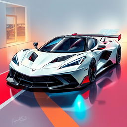 A stunning illustration that fuses the design elements of a Corvette C8 and a Pagani Zonda into a single, futuristic sports car