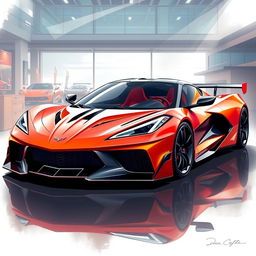 A stunning illustration that fuses the design elements of a Corvette C8 and a Pagani Zonda into a single, futuristic sports car