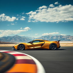 A captivating image showcasing a unique fusion of a Corvette C8 and a Pagani Huayra, finished in a striking matte gold