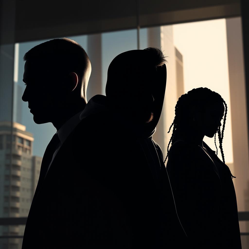 A dynamic and intriguing business thriller scene set against a Montreal city backdrop, featuring silhouettes of three characters in the shade