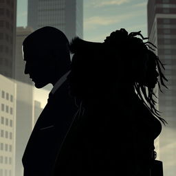 A dynamic and intriguing business thriller scene set against a Montreal city backdrop, featuring silhouettes of three characters in the shade