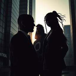 A dynamic and intriguing business thriller scene set against a Montreal city backdrop, featuring silhouettes of three characters in the shade