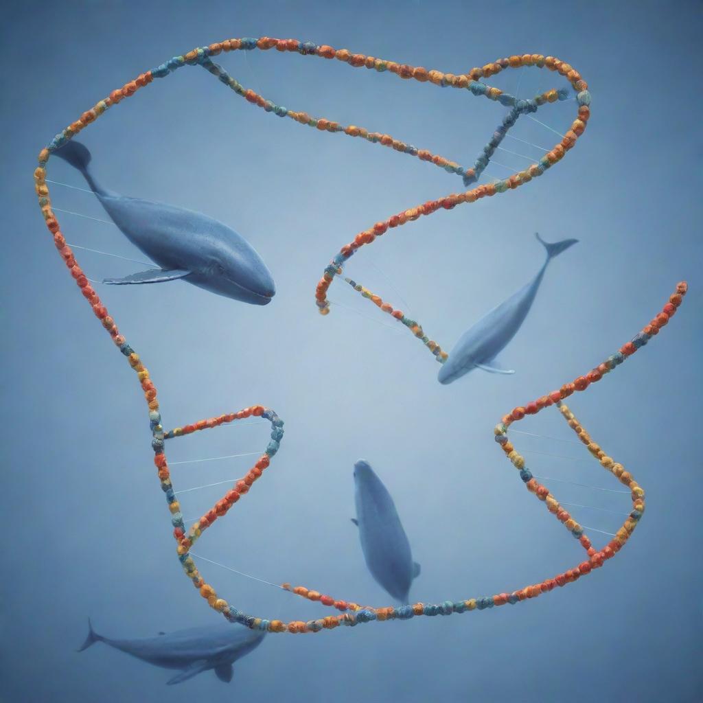A dynamic illustration of human and whale DNA strands, intertwined in an artistic representation that highlights points of similarity and divergence in their genetic composition.