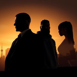 A captivating business thriller scene set against the backdrop of Montreal, featuring silhouettes of three distinctive characters