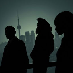 A captivating business thriller scene set against the backdrop of Montreal, featuring silhouettes of three distinctive characters