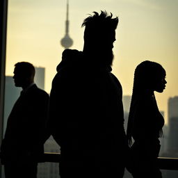 A captivating business thriller scene set against the backdrop of Montreal, featuring silhouettes of three distinctive characters