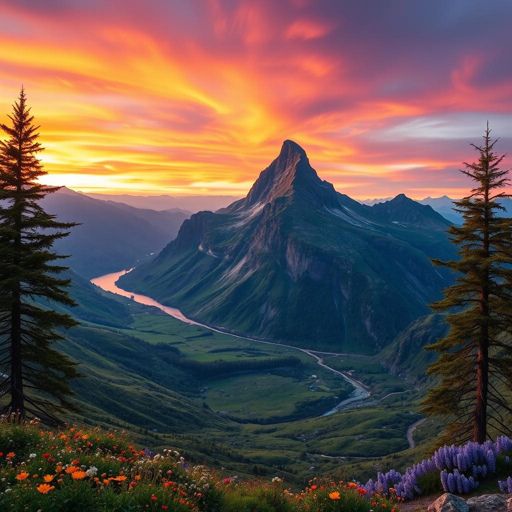 A beautifully detailed image of a majestic mountain peak, known as a 'pico', in the foreground, surrounded by lush green valleys filled with vibrant wildflowers