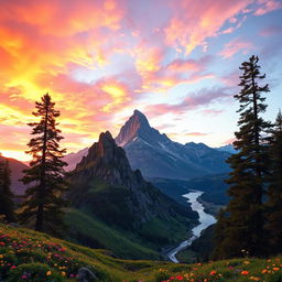 A beautifully detailed image of a majestic mountain peak, known as a 'pico', in the foreground, surrounded by lush green valleys filled with vibrant wildflowers