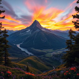 A beautifully detailed image of a majestic mountain peak, known as a 'pico', in the foreground, surrounded by lush green valleys filled with vibrant wildflowers