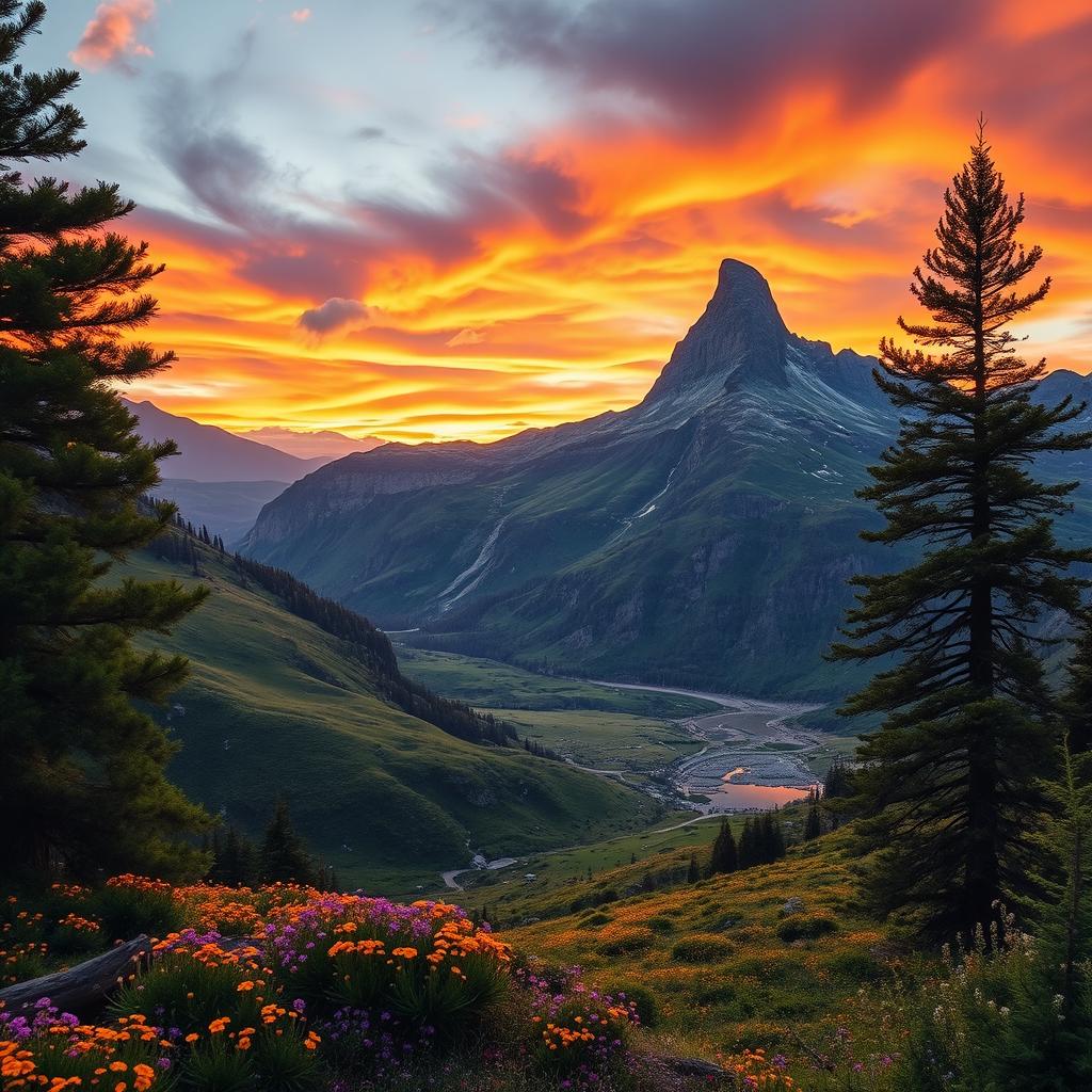 A beautifully detailed image of a majestic mountain peak, known as a 'pico', in the foreground, surrounded by lush green valleys filled with vibrant wildflowers