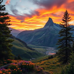 A beautifully detailed image of a majestic mountain peak, known as a 'pico', in the foreground, surrounded by lush green valleys filled with vibrant wildflowers