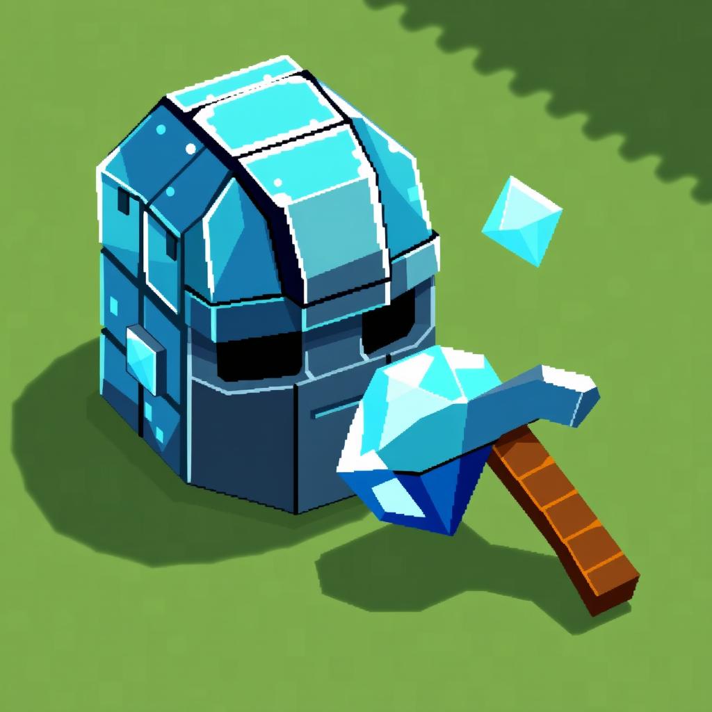 A vibrant pixel art depiction of a Minecraft-style diamond helmet ('casco') and a diamond pickaxe ('pico')