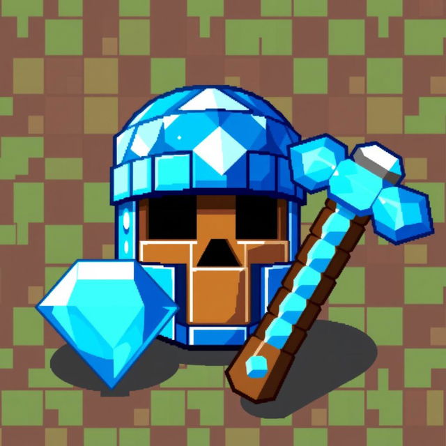 A vibrant pixel art depiction of a Minecraft-style diamond helmet ('casco') and a diamond pickaxe ('pico')