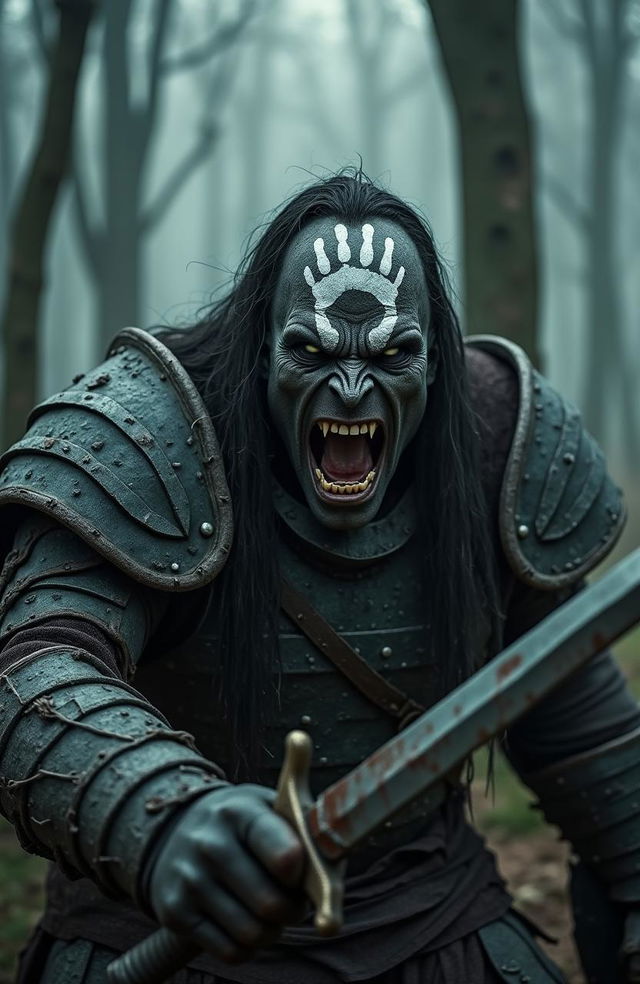 A live action, high resolution image of the monstrous Uruk-hai Lurtz from Lord of the Rings, captured in a moment of furious rage as he screams