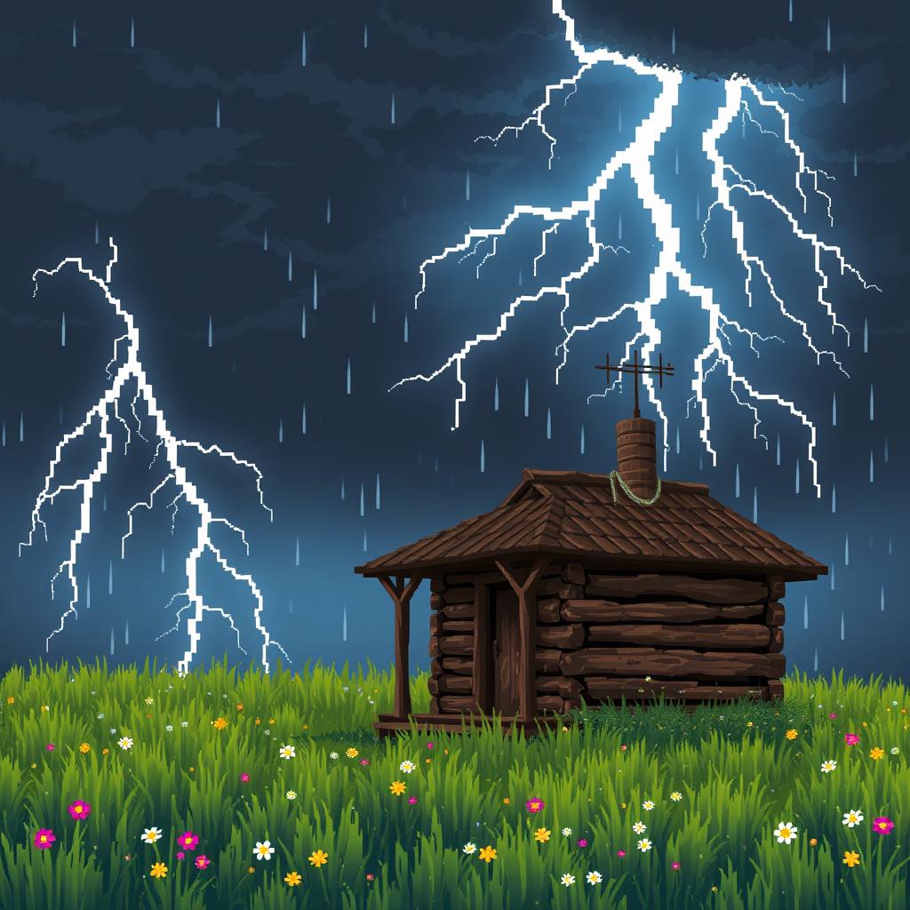 A captivating pixel art scene depicting a thunderstorm with lightning striking an old cabin's antenna in a grassy field