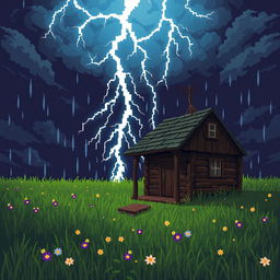 A captivating pixel art scene depicting a thunderstorm with lightning striking an old cabin's antenna in a grassy field