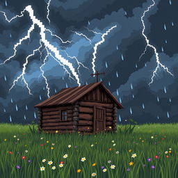 A captivating pixel art scene depicting a thunderstorm with lightning striking an old cabin's antenna in a grassy field