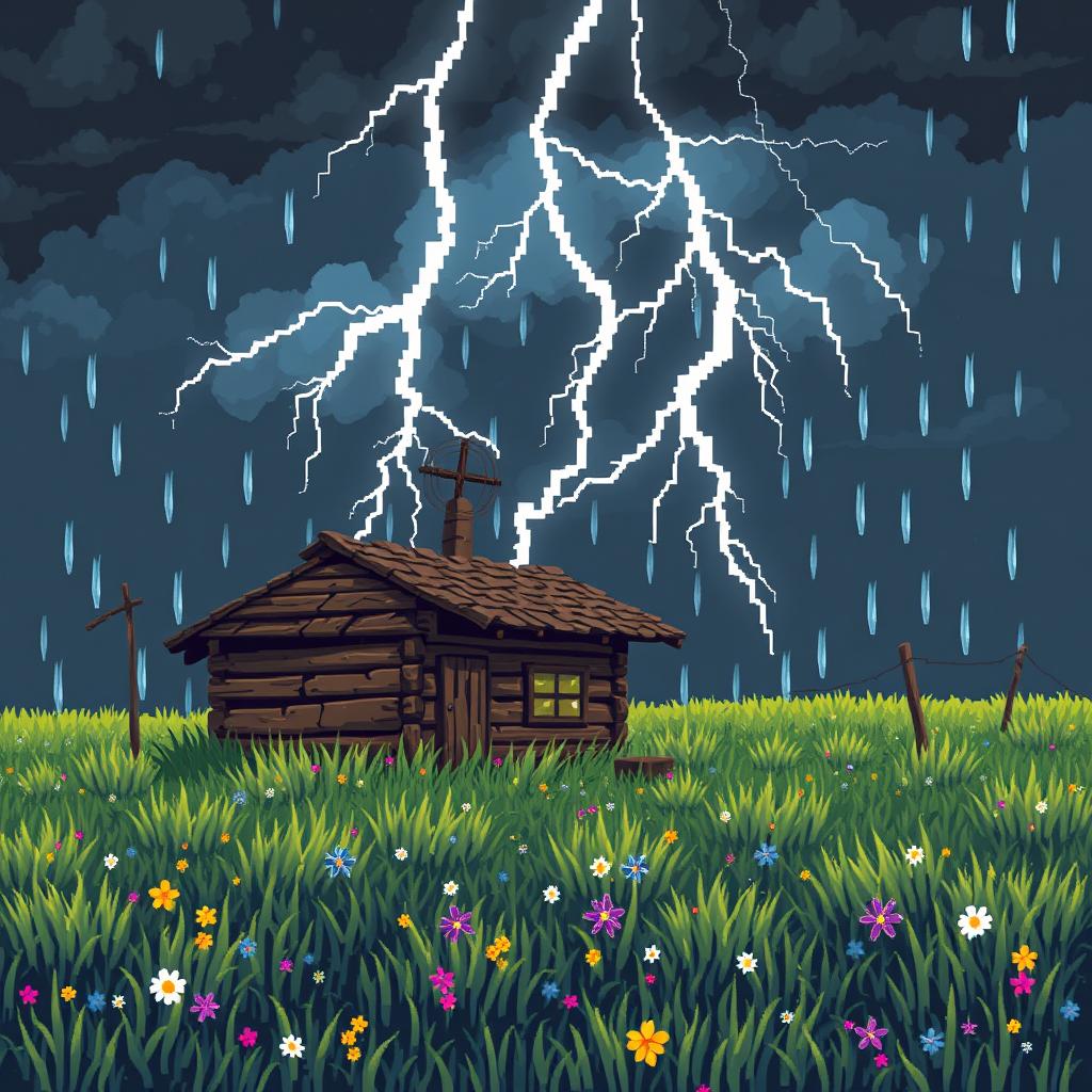 A captivating pixel art scene depicting a thunderstorm with lightning striking an old cabin's antenna in a grassy field