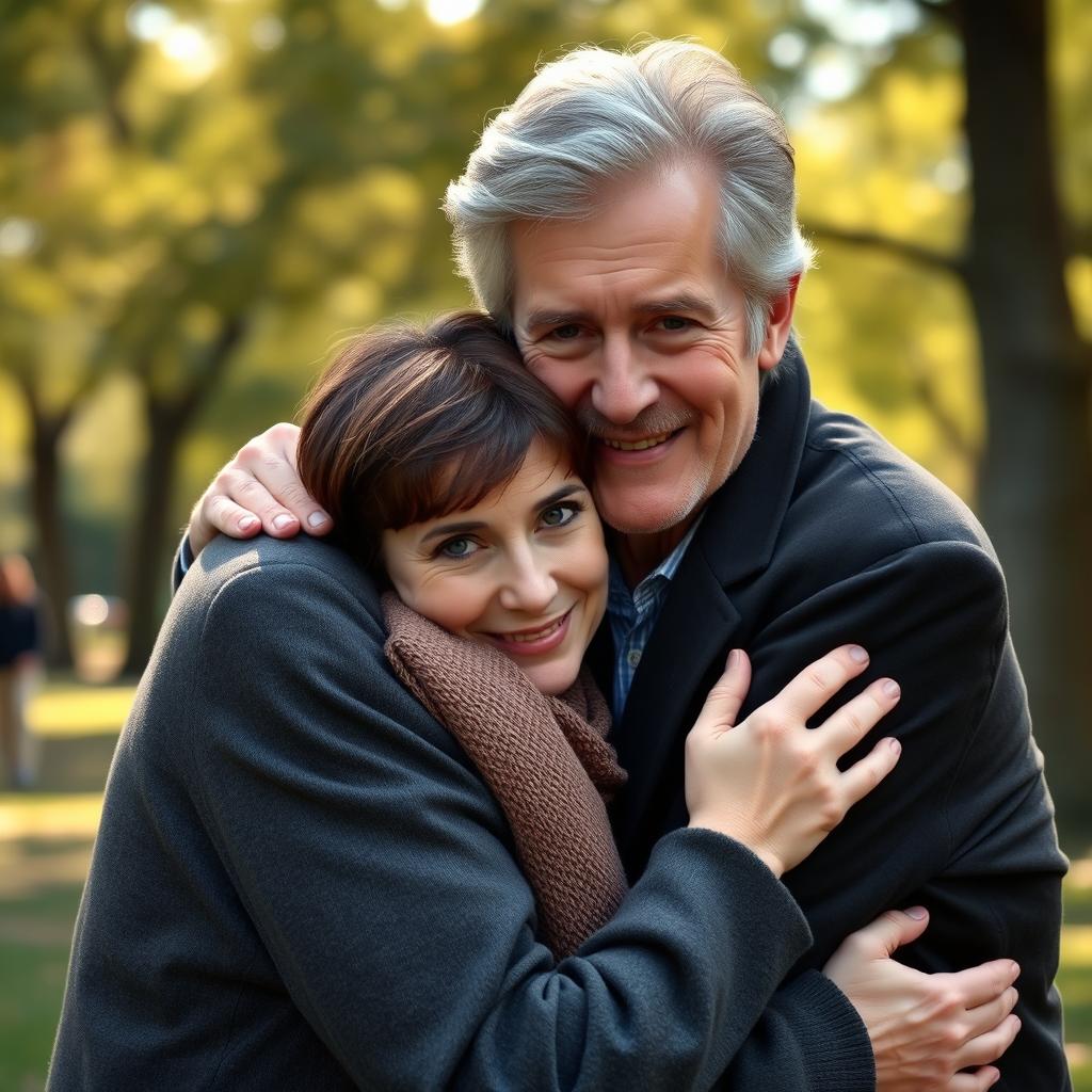 A heartwarming scene depicting a father-daughter relationship where an older, taller man with gray hair, resembling Bill Nighy, is embracing a shorter, younger woman with short brown hair and bright blue eyes