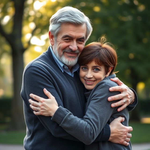 A heartwarming scene depicting a father-daughter relationship where an older, taller man with gray hair, resembling Bill Nighy, is embracing a shorter, younger woman with short brown hair and bright blue eyes