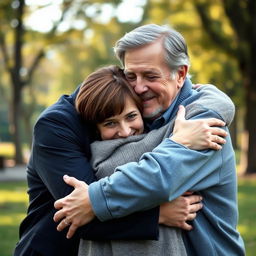 A heartwarming scene depicting a father-daughter relationship where an older, taller man with gray hair, resembling Bill Nighy, is embracing a shorter, younger woman with short brown hair and bright blue eyes