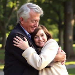 A heartwarming scene depicting a father-daughter relationship where an older, taller man with gray hair, resembling Bill Nighy, is embracing a shorter, younger woman with short brown hair and bright blue eyes