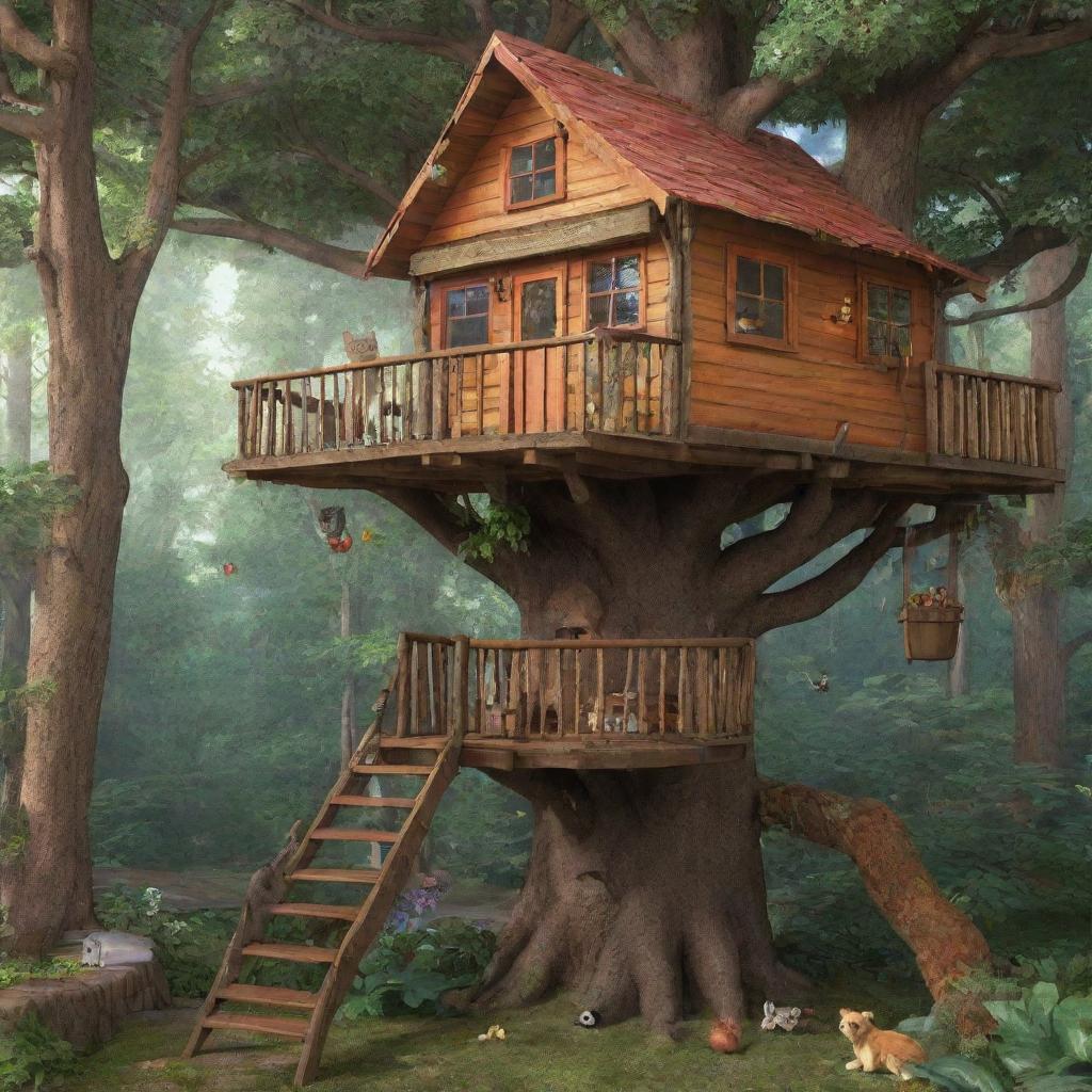 A quaint treehouse in a vibrant forest, bustling with playful critters. A bear is inside the treehouse, and a cat is lounging in the trees nearby.