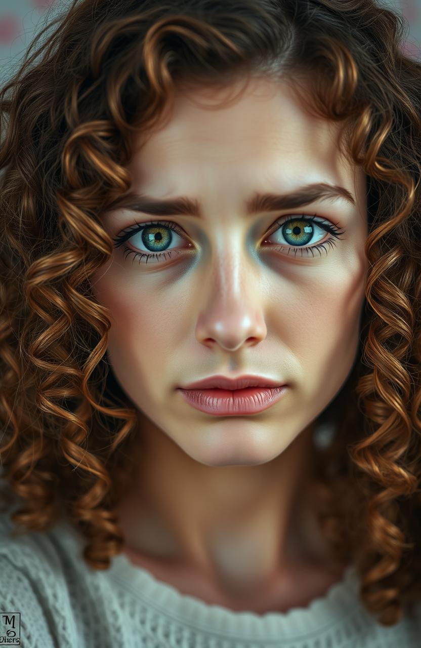 A portrait of a white woman with curly brown hair and striking green eyes, displaying a sad expression