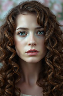 A portrait of a white woman with curly brown hair and striking green eyes, displaying a sad expression