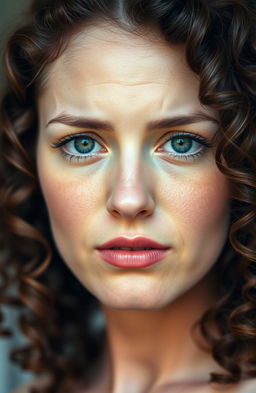 A portrait of a white woman with curly brown hair and striking green eyes, displaying a sad expression