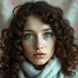 A portrait of a white woman with curly brown hair and striking green eyes, showcasing a sad expression