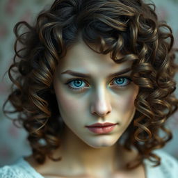 A portrait of a white woman with curly brown hair and striking green eyes, showcasing a sad expression