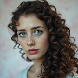 A portrait of a white woman with curly brown hair and striking green eyes, showcasing a sad expression