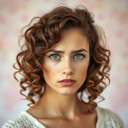 A portrait of a white woman with curly brown hair and striking green eyes, showcasing a sad expression