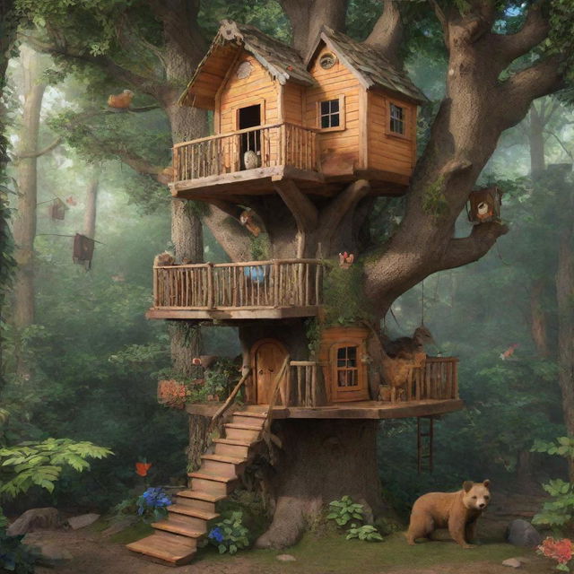 A quaint treehouse in a vibrant forest, bustling with playful critters. A bear is inside the treehouse, and a cat is lounging in the trees nearby.