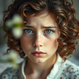 A portrait of a young white woman with curly brown hair and captivating emerald green eyes, expressing a deep sense of sadness