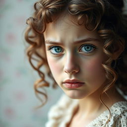 A portrait of a young white woman with curly brown hair and captivating emerald green eyes, expressing a deep sense of sadness