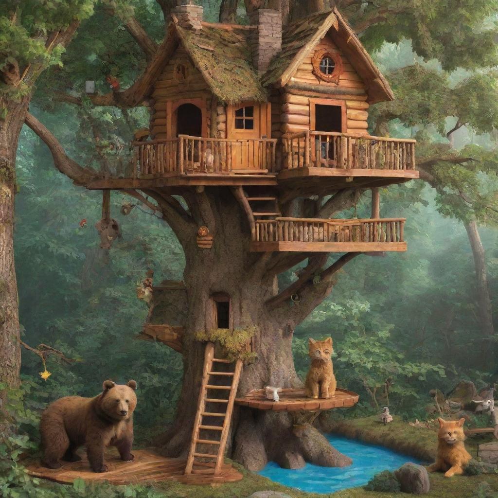 A quaint treehouse in a vibrant forest, bustling with playful critters. A bear is inside the treehouse, and a cat is lounging in the trees nearby.