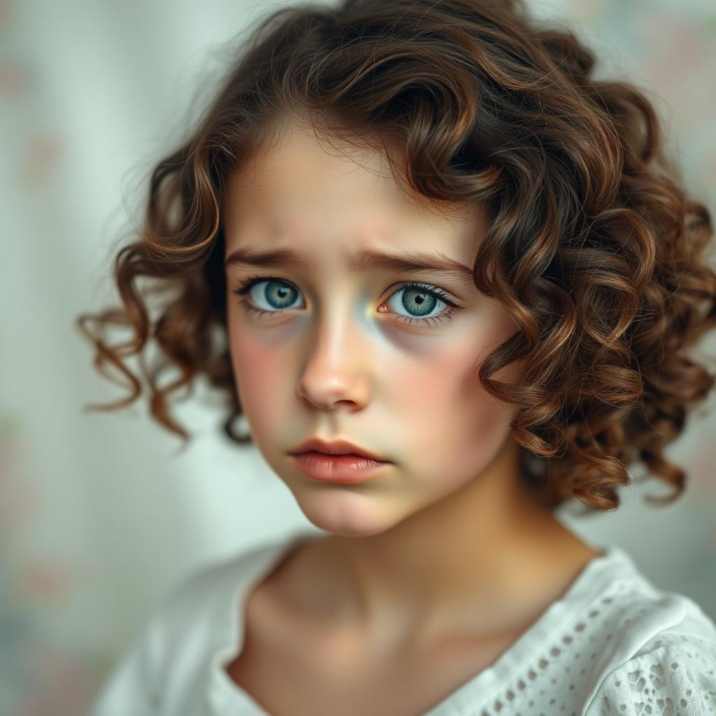 A portrait of a young white woman with curly brown hair and captivating emerald green eyes, expressing a deep sense of sadness