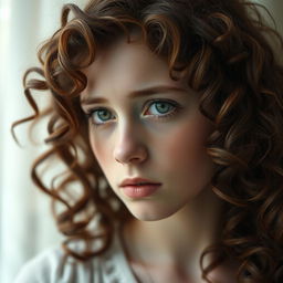 A portrait of a young white woman with curly brown hair and captivating emerald green eyes, expressing a deep sense of sadness