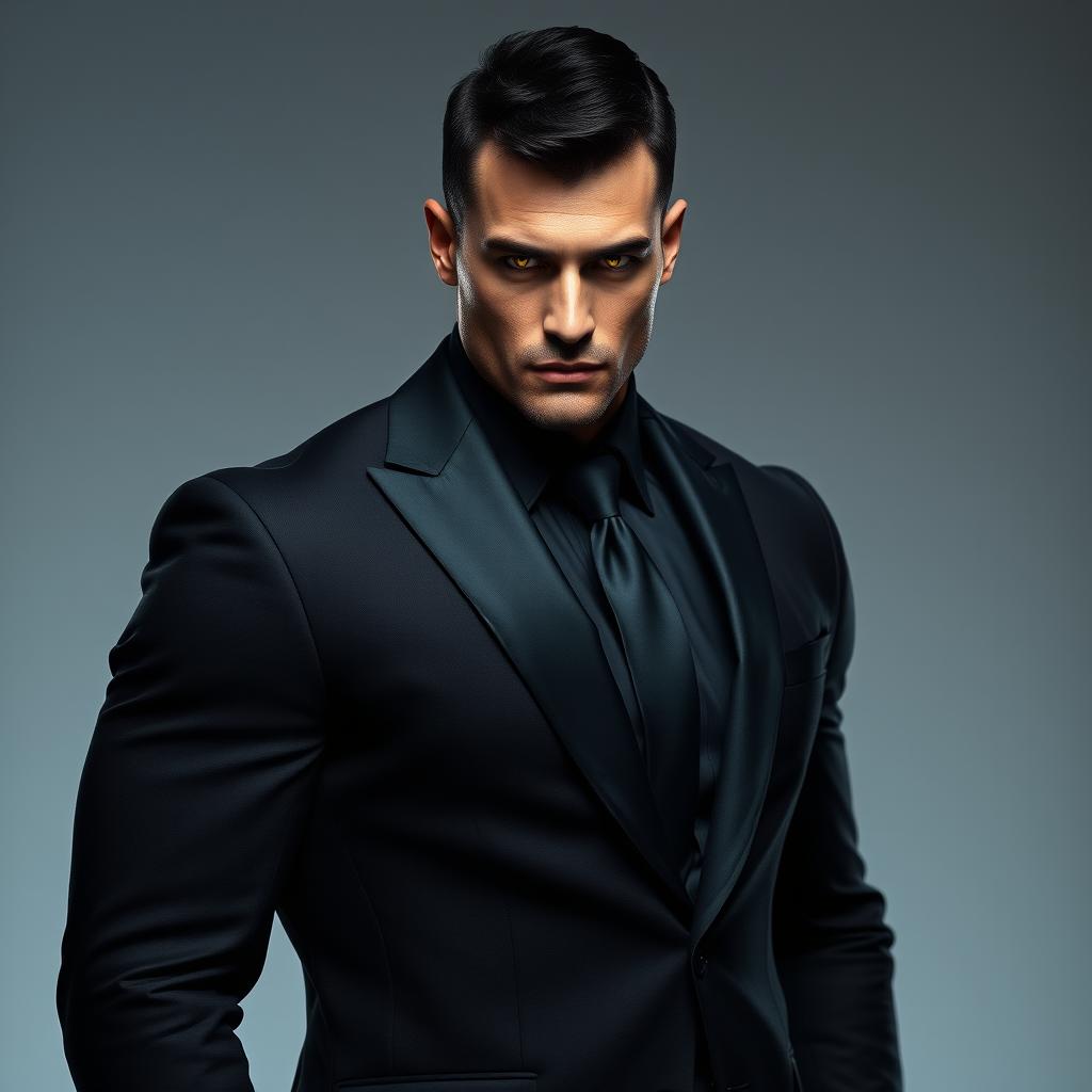 A strong man wearing a dark suit, with short black hair and striking yellow eyes that convey confidence and intensity