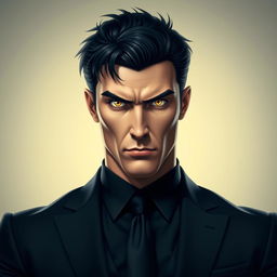 A strong man wearing a dark suit, with short black hair and striking yellow eyes that convey confidence and intensity