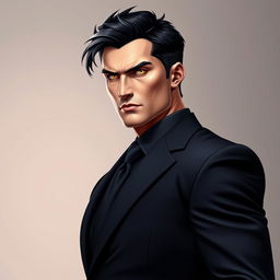 A strong man wearing a dark suit, with short black hair and striking yellow eyes that convey confidence and intensity