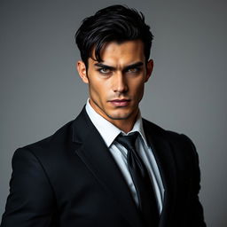 A strong man wearing a dark suit, with short black hair and striking yellow eyes that convey confidence and intensity